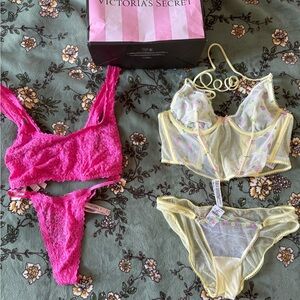Victoria's Secret Pink and Yellow Lace Bra Set